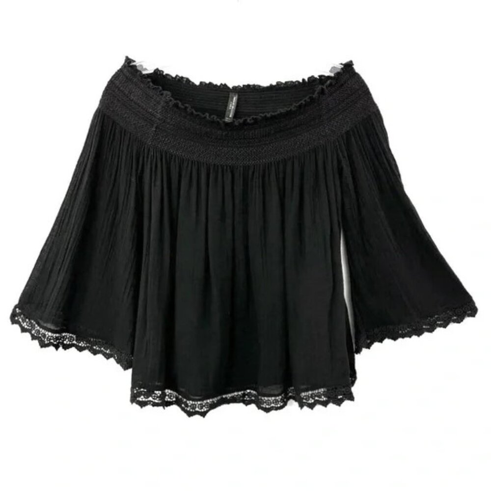 Zara black Smocked Crepe Off Shoulder Long Sleeve Blouse Size Medium